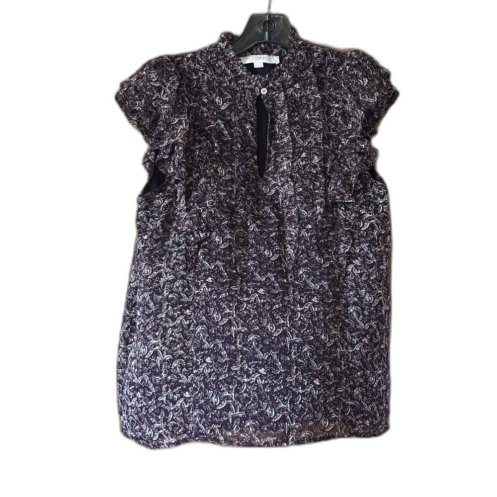 LOFT Women's Floral Ruffle Neck Blouse Mauve Flutter Sleeve, Keyhole Front M